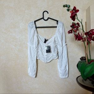 Forever 21 Woven Shirt Ruched Smocked Crop Top Pearl Buttons White Size Small